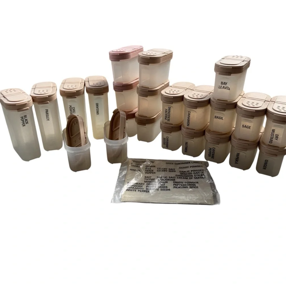 Tupperware 24pc Modular Mates Spice Containers Vintage 80’s Tan and Pink Lids